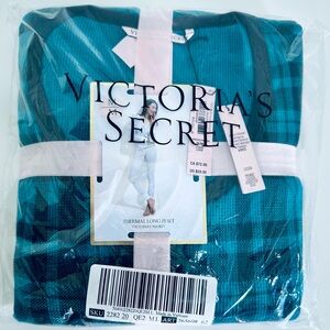 Rare Victoria’s Secret Teal Plaid Thermal Long PJ Set M/L NWT